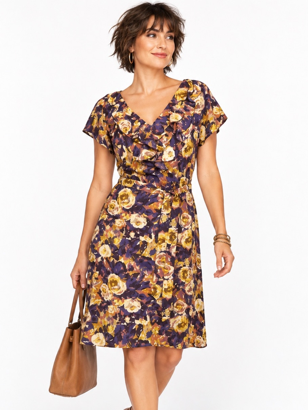 Lands’ End Ruffle V-Neck Dark Floral Cap Sleeve Waist Tie‎ Dress Size 2